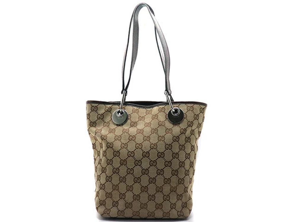 Gucci GG Shoulder Tote Handbag Dark Brown Beige Cream Canvas Leather